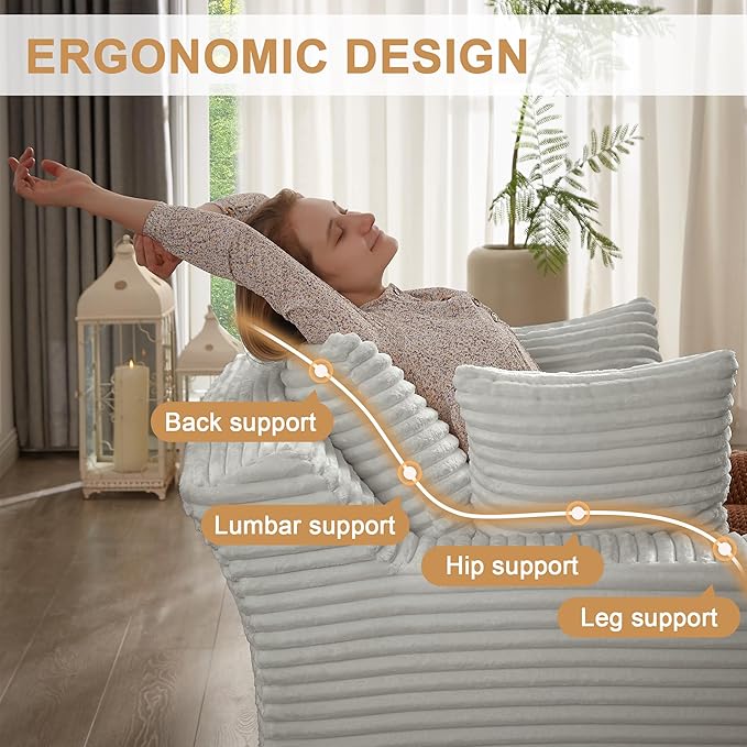 Boneless Couch Sofa Chiar Chaise Lounge Chair Indoor Upholstered Corduroy Couch Cloud Sleeper Sofa Oversized Reading Chair for Living Room No Assembly Required (Light Grey, 50" W x 67" D)