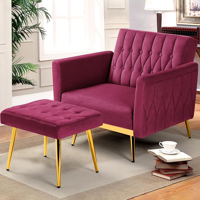 Velvet Accent Chair with Adjustable Armrests and Backrest, Button Tufted Lounge Chair, Single Recliner Armchair with Ottoman and Pillow for Living Room, Bedroom, Fuchsia