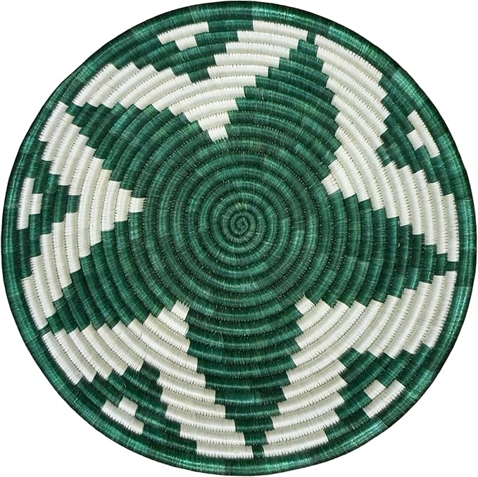 Handwoven African Basket Handmade sisal Fruit Bowl Wall Hanging decorative Baskets for Home Living Room Kitchen Centerpiece Zen Designs Arts and Crafts (Dark Green White, 12in diameter)