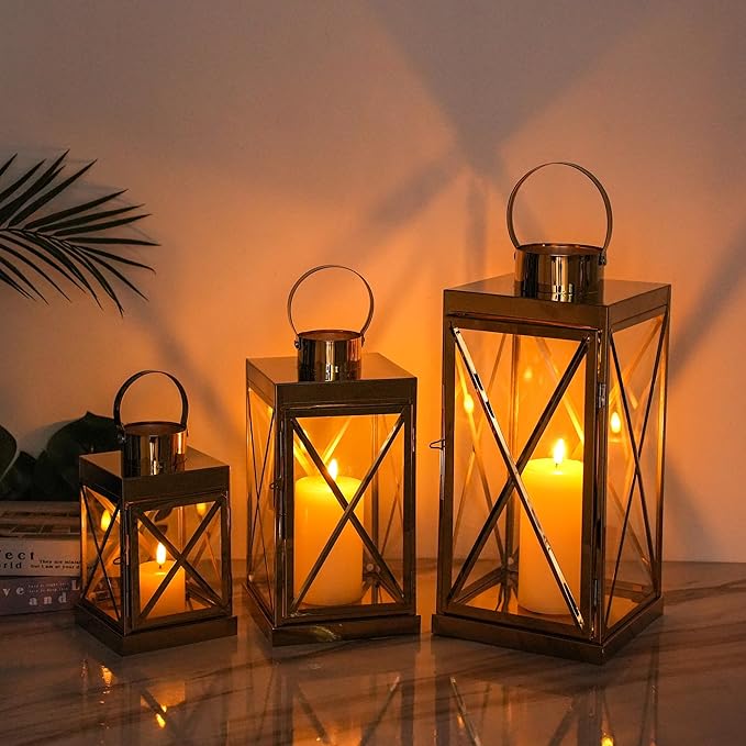 TRIROCKS Gold Stainless Steel Lantern Set of 3-Square Elegance 8/12/16 Inch Opulent Metal Candle Lanterns Candle Holder with Tempered Glass for Home Garden Indoor Outdoor Decor Celebratory Everyday