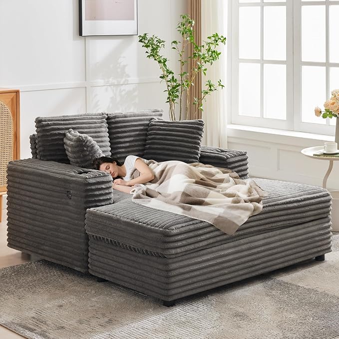 GarveeHome Oversized Chaise Lounge Chair Indoor, Comfy Corduroy Lounge Sofa with Charging Station, Cup Holders & Throw Pillows, Cozy Sleeper Couch for Living Room Apartments, Grey