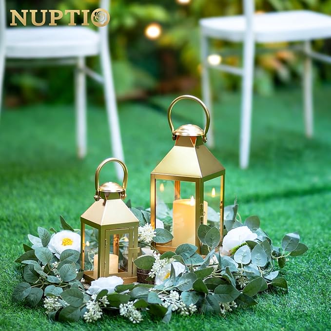 NUPTIO Gold Lanterns Decorative Indoor: 8.6 Inch Tall Metal Lantern with Glass for Pillar Candle - Fireplace Decor for Christmas Home Living Room Mantle Porch Wedding