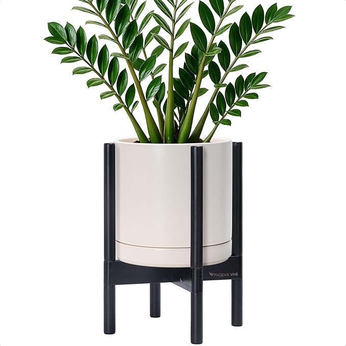 D'vine Dev Ceramic Planter with Ebony Stand - 10 Inch Modern Round Flower Pot with Wood Planter Holder, Oatmeal, 55-B-L-8