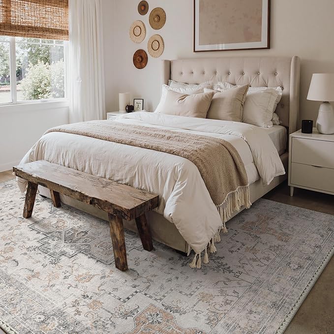 GENIMO 8x10 Area Rugs for Living Room, Machine Washable Non Slip Vintage Rugs, Low Pile Lightweight Chenille Print Rug for Bedroom, Dining Room, Home Office, Light Taupe Brown