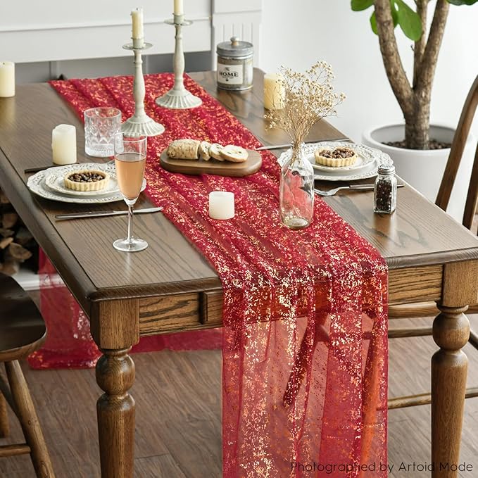 Artoid Mode 3PCS Red Gold Gauze Table Runner 120 Inch 10FT, Glitter Metallic Foil Sheer Dining Wedding Anniversary Holiday Table Decor for Home Party