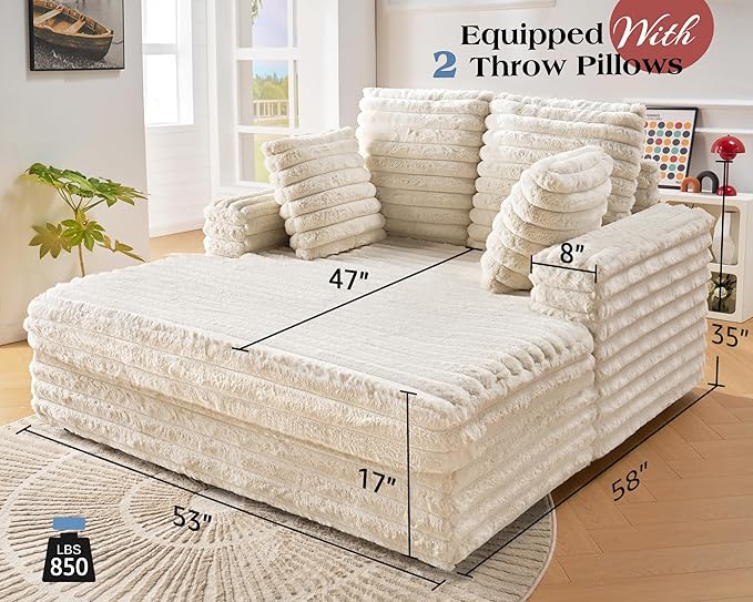 VanAcc 53 Inch Chaise Lounge Indoor, Upholstered Sofa Bed with Throw Pillows and Armrests, Sleeper Chair- Plush Chair Bed for Living Room, Off-White