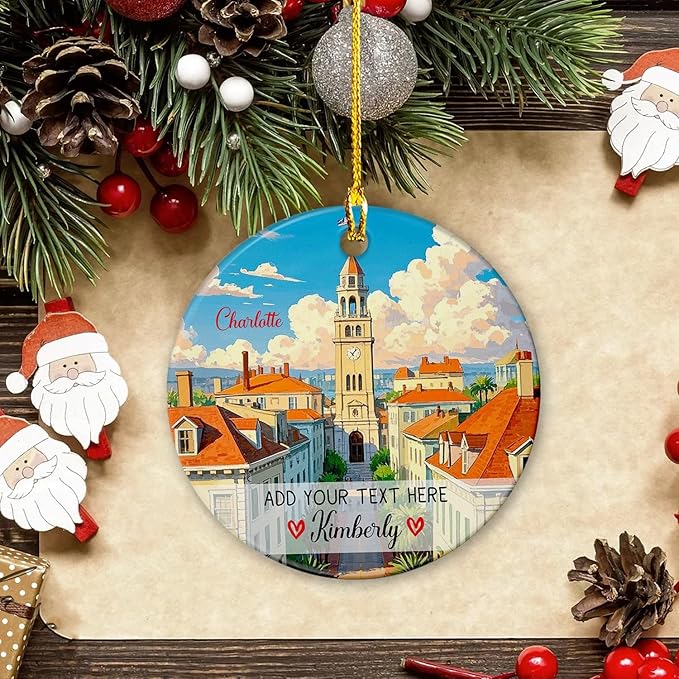 Personalized Text/Name Charlotte City Travel Souvenir Ceramic Christmas Ornament 2025, Charlotte Skyline Xmas Tree Ornaments, Custom Charlotte North Carolina USA Vacation Ornament Gifts for Friends