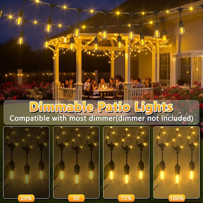 Outdoor String Lights with Lighted Tubing, 24 ft Outside String Lights with 13 (12+1spare) S14 Retro Bulbs & 72-LED Lighted Fairy Tubing, IP65 Waterproof &Connectable LED Light for Patio Bistro