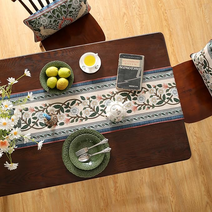 ISAENNE Designer Vintage Elegant Linen Table Runner 87 Inches Long,Colorful Flower Pattern Soft Table Runners for Dining Tables,Thanksgiving,Kitchen Tables,Christmas,12"*87"-Naples C