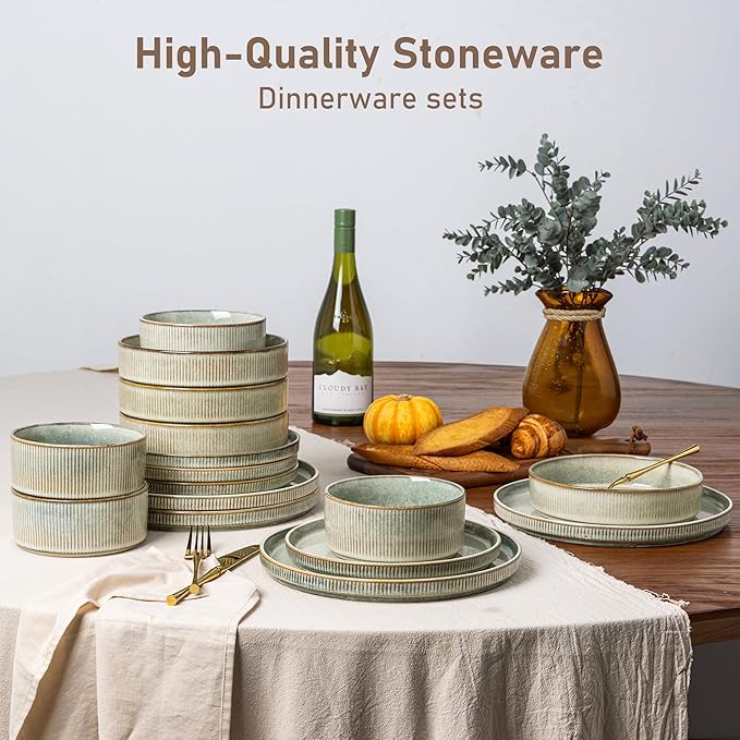 GBHOME Stoneware Dinnerware Sets for 8,Round Reactive Glaze Ceramic Plates and Bowls Set,Highly Scratch Resistant | Dishwasher & Microwave Safe Dishes Set,Service for 8(24Pcs)