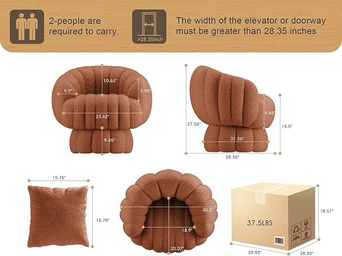 Mid Century Modern 360 Degree Barrel Swivel Accent Sofa Chair,Fluffy Sherpa Fabric Lounge Wide Upholstered Pumpkin Reading Chair, Round Cloud Armchair for Living Room,Bedroom,Vanity(Burnt Orange)