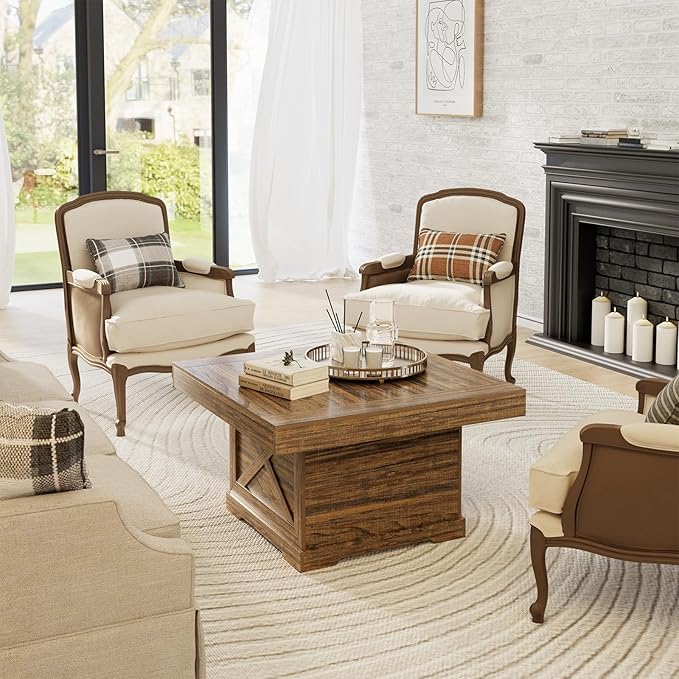 Coffee Table 31.5 in Rustic Center Table with X Design Wooden Pedestal for Living Room, Easy Assembly Small Square Home Office Tea Accent Table for Dining Room Apartment, Walnut