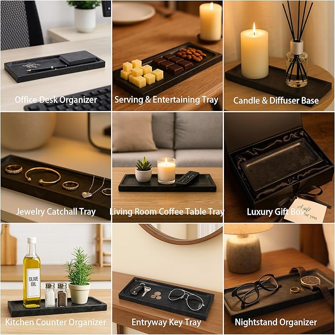 Matte Black Granite Vanity Tray - Natural Stone Rectangular Catchall, 10.6" Decorative Organizer for Bathroom, Entryway, or Desk - Minimalist Display Tray with Unique Veining