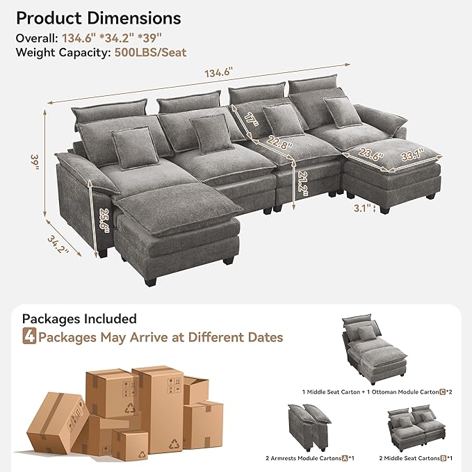 134'' Cloud Modern 4 Seater Couch with Detachable Headrest, Modular Sectional Sofa with 2 Ottoman, Oversized U Shape Chenille Comfy Sofa with Armrests for Living Room, Light Grey