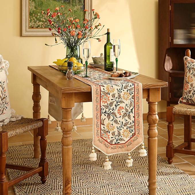 ISAENNE Designer French Elegant Linen Table Runner 71 Inches Long,Farmhouse Lily Pattern Decor Table Runners for Dining Tables,Thanksgiving,Kitchen Tables,Christmas,12"*71"-Aurora A