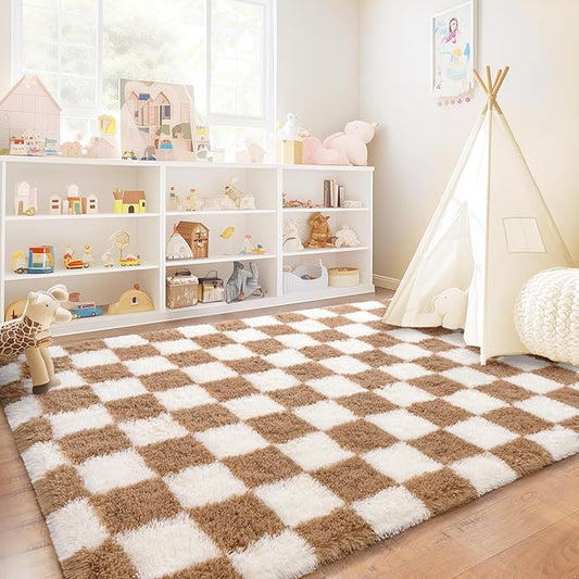 Checkered Rug for Living Room 6x9, Ultra Fluffy Fuzzy Shag Large Area Rug for Bedroom, Modern Plush Soft Upgrade Non-Slip Carpet for Kids Girls and Boys Room Dorm Home Decor, Cream and Camel