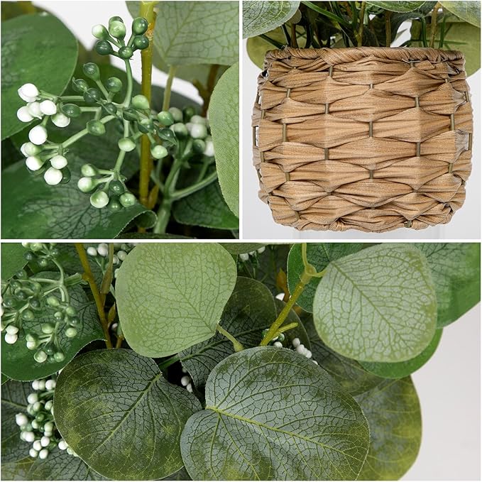 DILATATA Artificial Eucalyptus Stems in Woven Basket Planter, 12" Fake Plant Eucalyptus Leaves with Green Seeds Faux Potted Plant Greenery for Table Centerpiece Office Indoor Home Decor