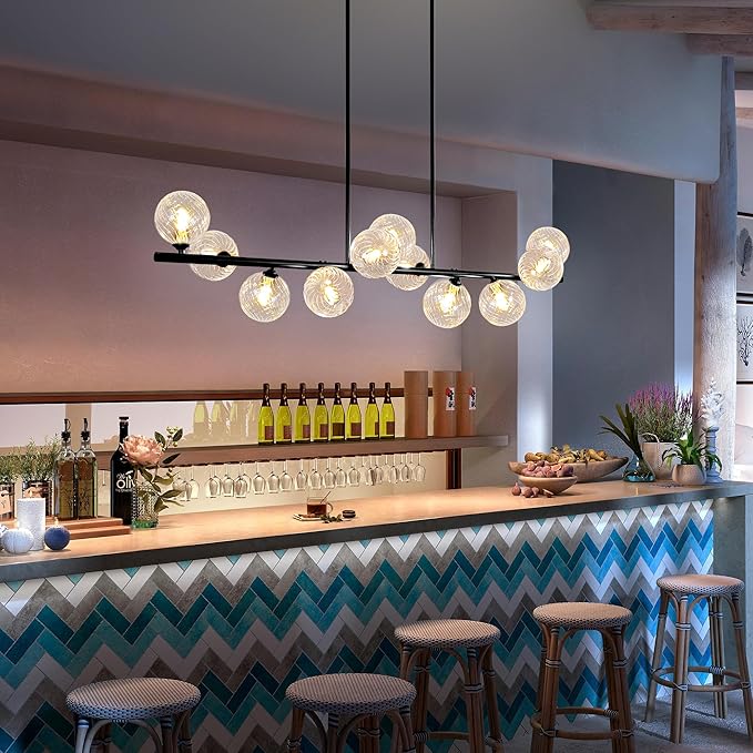 Linear Chandeliers for Dining Room, 51" Dining Room Light Fixture with Clear Swirled Glass Globe 11 Lights Black Sputnik Chandelier Bubble Large Chandelier Modern Farmhouse Island Light