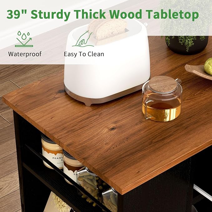 4 EVER WINNER Kitchen Island with Storage, Island Table for Kitchen with Spice Rack & Towel Rack & Open Shelves, Rolling Kitchen Island with Storage Cabinet and Drawer, Black