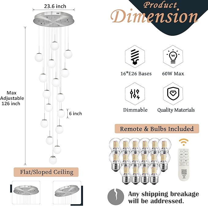 KoKo&Yukina 16-Light Nickel Mid Century Modern Chandelier for Living Room Staircase Chandelier for Entryway Globe Milky White Glass Pendant Light High Ceiling Chandeliers Foyer (Bulb & Remote Incl.)