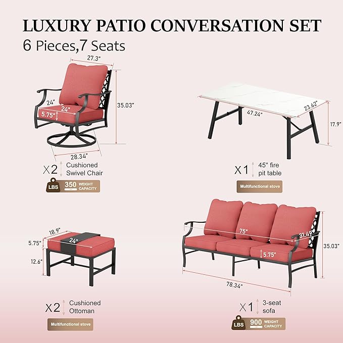 HERA'S HOUSE 6 Piece Patio Furniture Set, 2 x Swivel Cushioned Chair, 2 x Cushioned Ottoman, 1 x 3-Seat Sofa with Marbling Coffee Table, Outdoor Conversation Set for Lawn Garden Backyard, Red