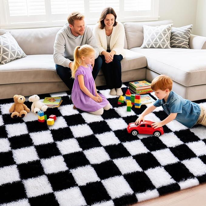 Checkered Rug for Living Room 6x9, Ultra Fluffy Fuzzy Shag Black and White Large Area Rug for Bedroom, Modern Plush Soft Upgrade Non-Slip Carpet for Kids Girls and Boys Room Dorm Home Decor