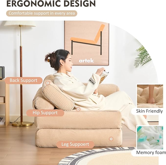 Plus Futon Sofa Bed for Small Spaces, Floor Couch with Armrest, Folding Sofa Couch, Convertible Sleeper Chair Bed with Pillow, Portable Comfy Floor Lounge for Living Room and Bedroom, Camel
