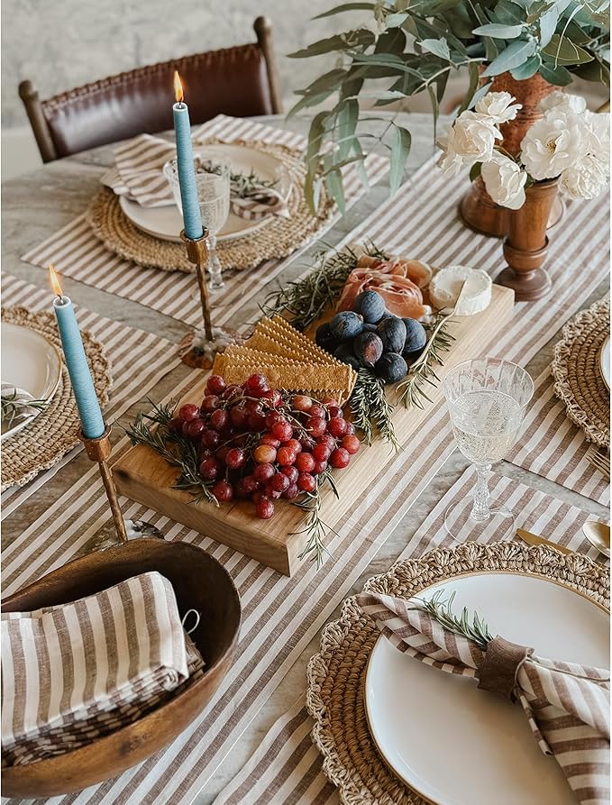 Solino Home Linen Cloth Placemats Set of 4 - Amalfi Stripe 100% Pure Linen Brown and Cream Farmhouse Placemats 14 x 19 Inch for Fall, Autumn, Thanksgiving
