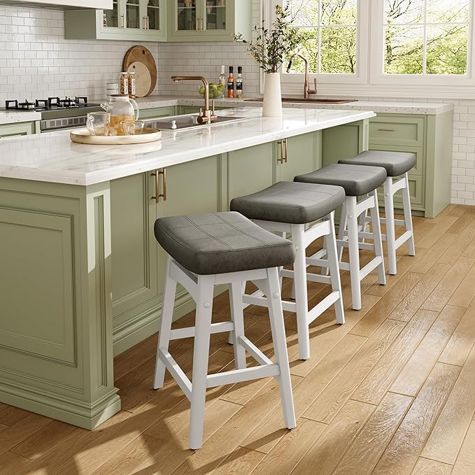 MAISON ARTS White Counter Height Bar Stools for Kitchen Counter Solid Wood Legs with Faux Leather Saddle Seat Farmhouse Barstools for 34"-38" Counter Island Upholstered Stools, 24in Height