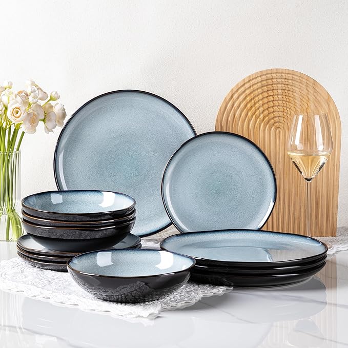 LeRatio Ceramic Dinnerware Sets for 4,Wavy Reactive Glaze Stoneware Plates and Bowls Sets,Highly Scratch Resistant | Dishwasher & Microwave,Oven Safe Dishes Set(12PCS)