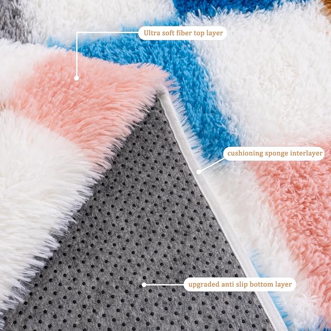 Checkered Rug for Living Room 8x10, Ultra Fluffy Fuzzy Shag Large Area Rug for Bedroom, Modern Plush Soft Upgrade Non-Slip Carpet for Kids Girls and Boys Room Dorm Home Decor, Colorful