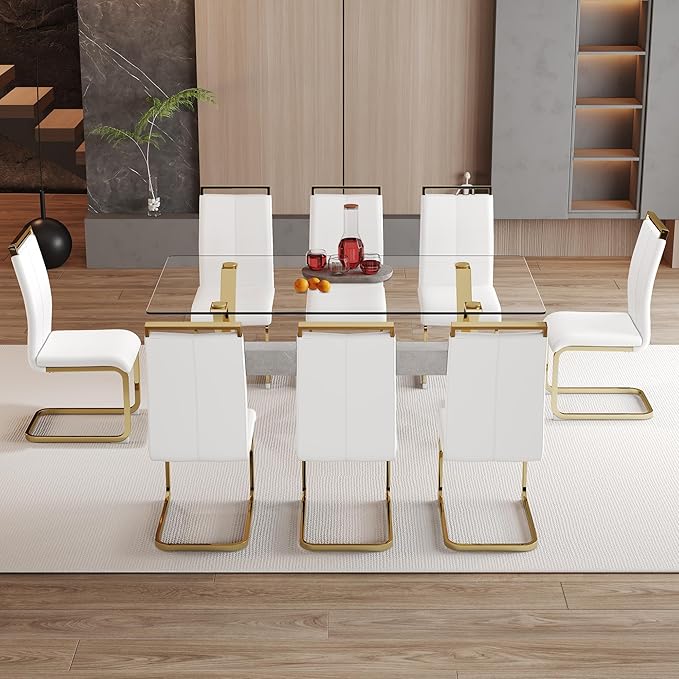 9 Piece Glass Dining Table Set, Kitchen Table Chairs Set for 8, 71'' Dining Table with 0.4" Tempered Glass Tabletop with Plated Metal Legs and MDF Crossbar, 8 PU Chairs for Dining Room, Kitchen.