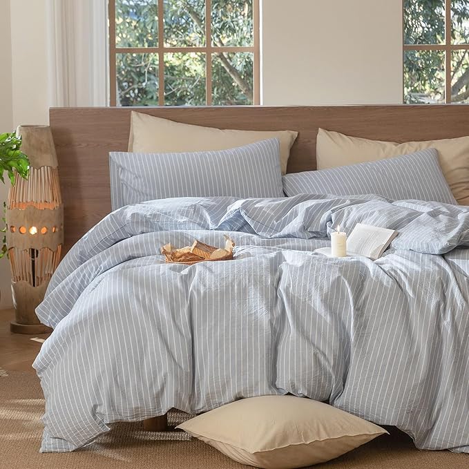 MooMee Striped Duvet Cover Set 100% Washed Cotton Linen Like Textured Breathable Durable Soft Comfy (Cornflower Blue White Wide Stripes, Alaska King 132"x120")