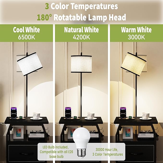 Floor Lamp with Table, End Tables with Lamps Attached 3-Color Temperature Bulb, Side Table with Lamp with 2 Drawers & Charging, Lamps Tables Combo for Bedroom, Dorm, Apartment - Black