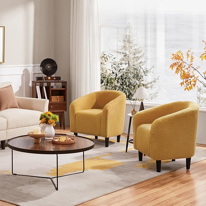 Yaheetech Accent Barrel Chair, Boucle Fabric Club Chair, Furry Sherpa Elegant and Cozy, Soft Padded Armchair for Living Room Bedroom Reception Room Office, Mustard Yellow