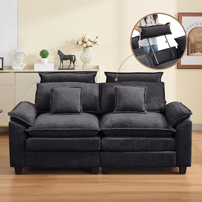 72'' Cloud Modern Loveseat Couch with Detachable Headrest, Modular Sectional Sofa Couch Deep Love Seat, Oversized 2 Seater Chenille Comfy Sofa with Armrests for Living Room, Dark Grey