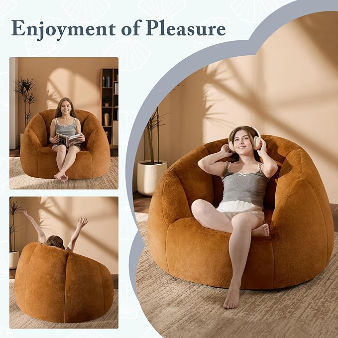 Giant Bean Bag Chaise Lounge Indoor Chair for Adults with Ottoman - Comfy Plush Round Shell Soft Accent Chair, Oversized Cozy Floor Sofa for Living Room Dorm Game Rooms, Orange