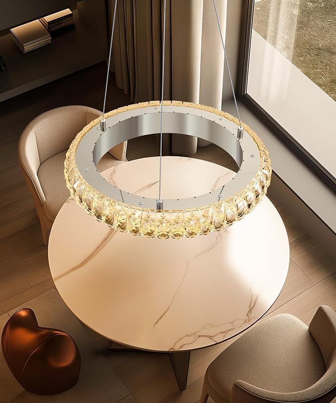 16" Ring Modern LED Dimmable Crystal Chandelier Adjustable Height Pendant Light Round Crystal Chandelier Light Fixtures for Dining Room Living Room Kitchen Island Silver
