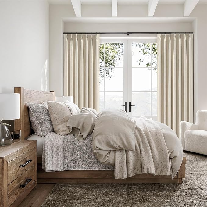 Topfinel 105 Inches Long Custom Black Out Thick Linen Drapery Panels, Ivory Cream Pinch Pleated Heat Reflective Cottage Curtains with Pin Hooks, Luxury Lined Back Tab Drapes 2 Panels for Living Room