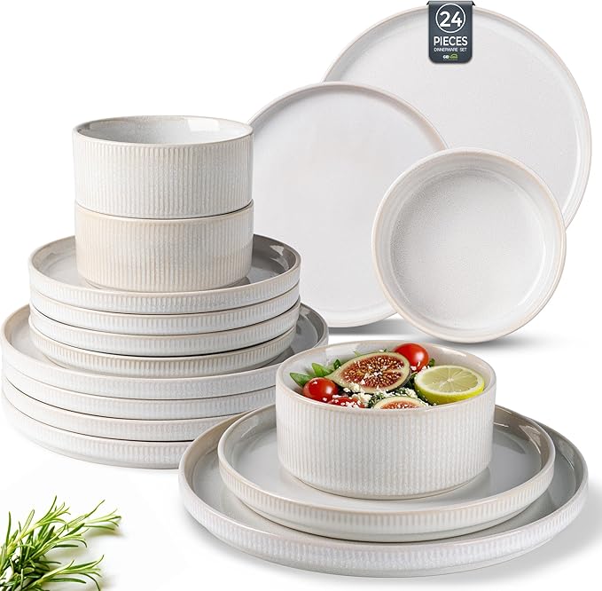 GBHOME Stoneware Dinnerware Sets for 8,Round Reactive Glaze Ceramic Plates and Bowls Set,Highly Scratch Resistant| Dishwasher & Microwave Safe Dishes Set,Service for 8(24Pcs)