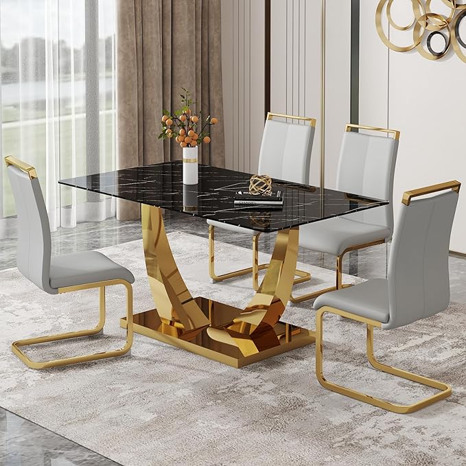 63” Dining Room Table Set for 4,Modern Gold Dining Table Set for 4, Rectangle kitchen Table Set With PU Leather Chairs,Black Faux Marble Dinner Table Set with Tempered Glass Top and Golden Base