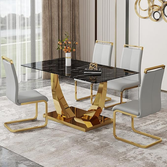 63” Dining Room Table Set for 4,Modern Gold Dining Table Set for 4, Rectangle kitchen Table Set With PU Leather Chairs,Black Faux Marble Dinner Table Set with Tempered Glass Top and Golden Base