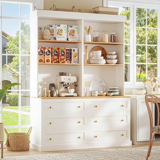 Vyre 71" Farmhouse Kitchen Pantry Cabinet Set of 2, White Freestanding Coffee Bar Hutch with Drawers & Adjustable Shelves, Large Storage Cabinet with Microwave Stand for Living Room & Kitchen