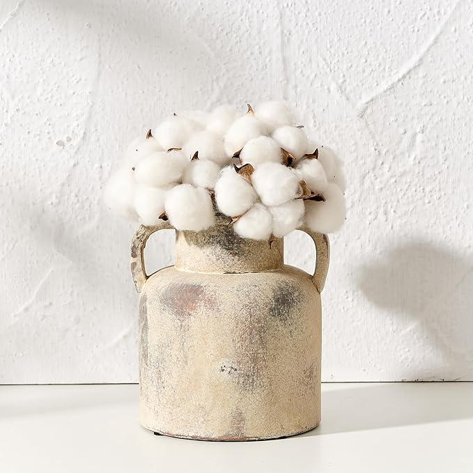 Antique Ceramic Vase with 2 Handles, 6.1 Inch Farmhouse Rustic Flower Vase, Small Vintage Terra Cotta Vases for Home Decor, Wedding, Living Room, Table, Shelf Decor, Neutral