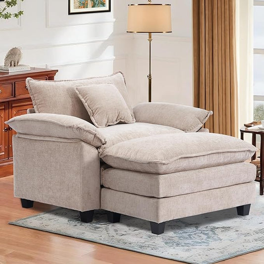 SweetGO corporation 45" Chenille Lounge Chair for Reading, Modern Couch Cozy Sofa Bed, Upholstered Living Room Single Sofa Accent Chair with Ottoman, Coffee