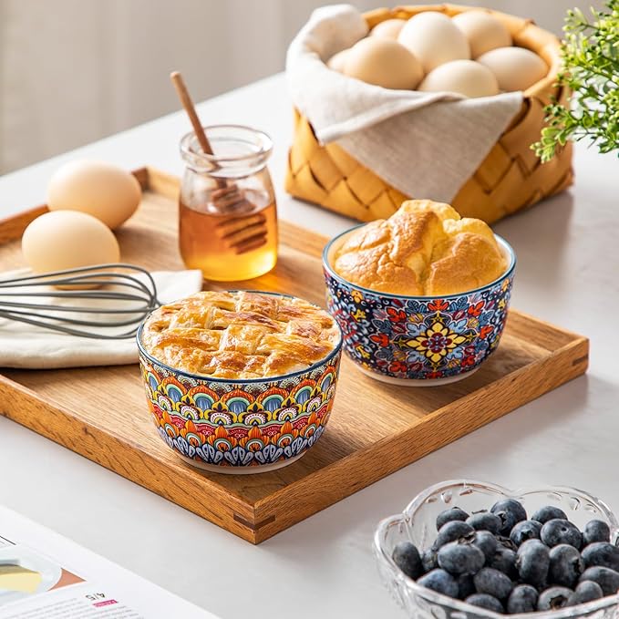 vancasso 8 Oz Ramekins Oven Safe Set of 6, Bohemian Creme Brulee Ramekins, Colorful Souffle Dishes, Pudding Custard Cups for Baking, Small Ceramic Bowls for Snacks, Ice Cream