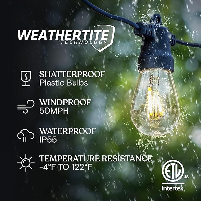 Brightech Ambience Pro Solar Powered Outdoor String Lights, 48ft Remote Control Commercial Grade Waterproof Patio Lights, 15 Edison Bulbs, Shatterproof LED String Lights for Outside - 1W Soft White