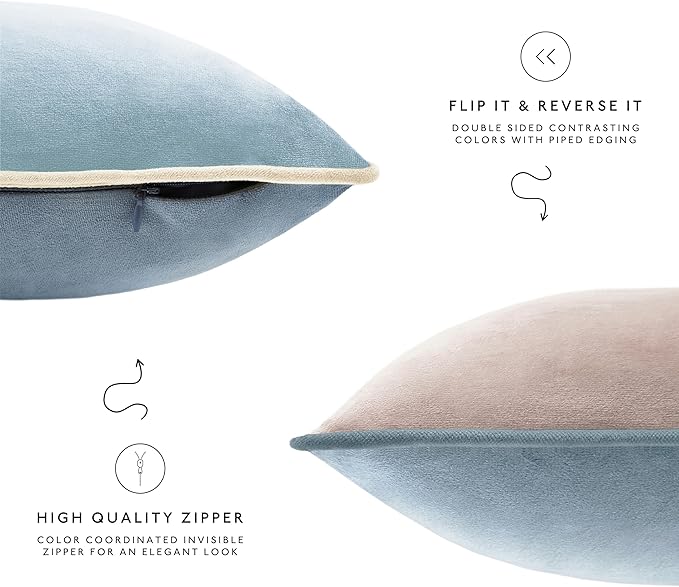 MONDAY MOOSE Decorative Throw Pillow Covers Cushion Cases, Set of 4 Soft Velvet Modern Double-Sided Designs, Mix and Match for Home Decor, Pillow Inserts Not Included (18x18 inch, Beige/Light Blue)