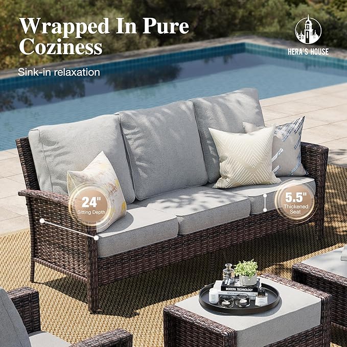 HERA'S HOUSE Gray Patio Furniture Set, Outdoor Sectional Seating Furniture, 35" High Back Swivel Wicker Chairs with 5.5" Thick Cushions, 6-Piece Patio Conversation Sofa Sets for Deck Lawn Backyard