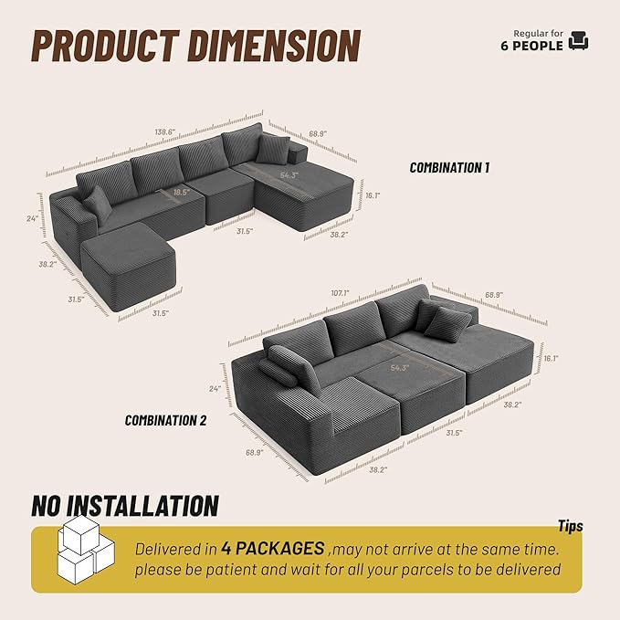 138" Boneless Couch with Deep Seat, Modular Sectional Sofa, Cloud Sectional Couch for Living Room, No Assembly Required, Corduroy, U-Shape 4 Seater Right, Gray